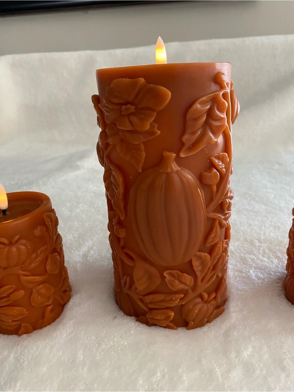 Decorative Fall Terracotta Orange Carved Pillar Candles - Set of 3